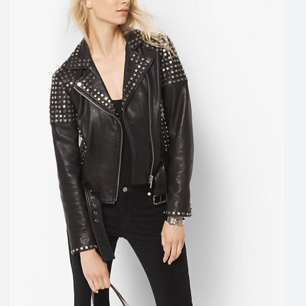 Michael Kors Leather Studded Moto Jacket
